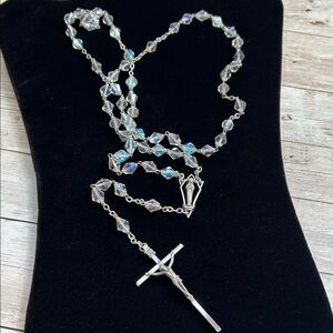 Elegant Silver Crystal AB Rosary Necklace